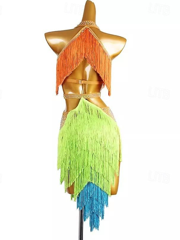 Robe de Danse Latine à Pampilles avec Cristaux/Strass pour Femme, Tenue D'Entraînement Sans Manches en Chinlon et Élasthanne