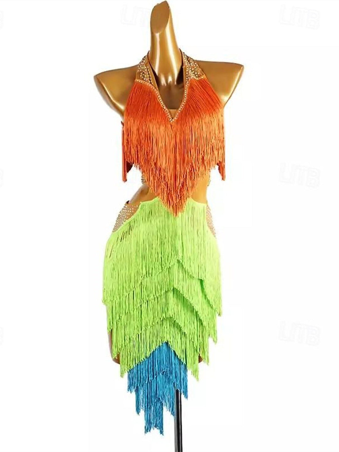 Robe de Danse Latine à Pampilles avec Cristaux/Strass pour Femme, Tenue D'Entraînement Sans Manches en Chinlon et Élasthanne