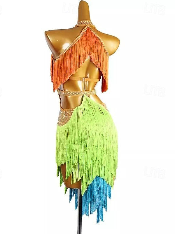 Robe de Danse Latine à Pampilles avec Cristaux/Strass pour Femme, Tenue D'Entraînement Sans Manches en Chinlon et Élasthanne