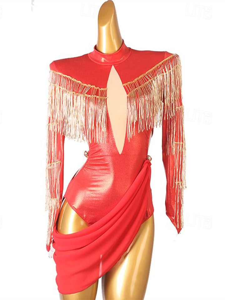 Robe de Danse Latine à Cristaux Dispersés pour Femmes, Tenue D'Entraînement de Performance à Manches Longues, Haut en Tulle Pu