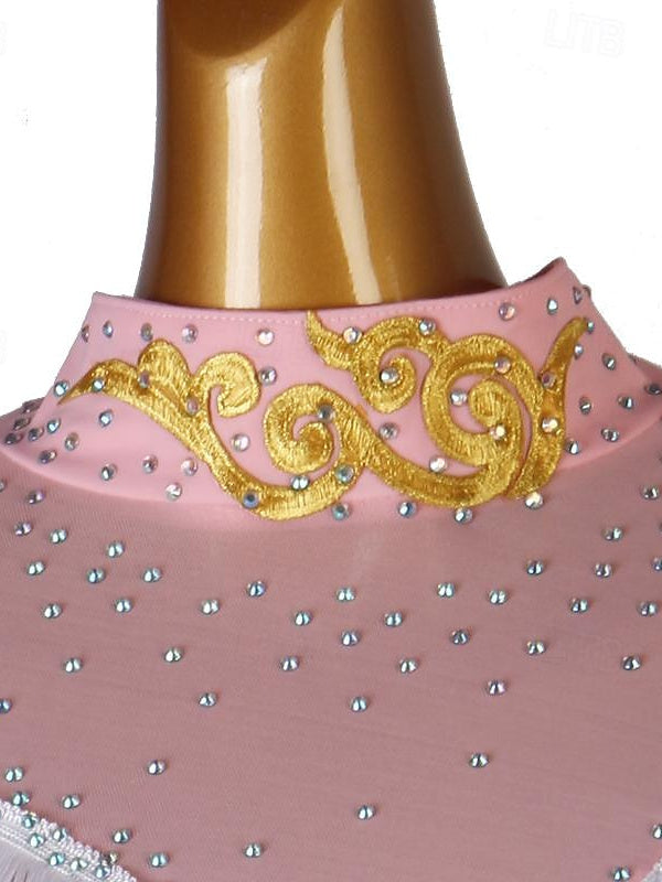 Robe De Danse Latine À Manches Longues Et Strass Pour Femme, Tenue De Performance, En Tulle Et Élasthanne