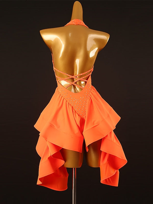 Robe De Danse Latine Salsa Couleur Pure, Cristaux/Strass, Pour Femme, Tenue D'Entraînement, Sans Manches, En Chinlon Et Élasthanne