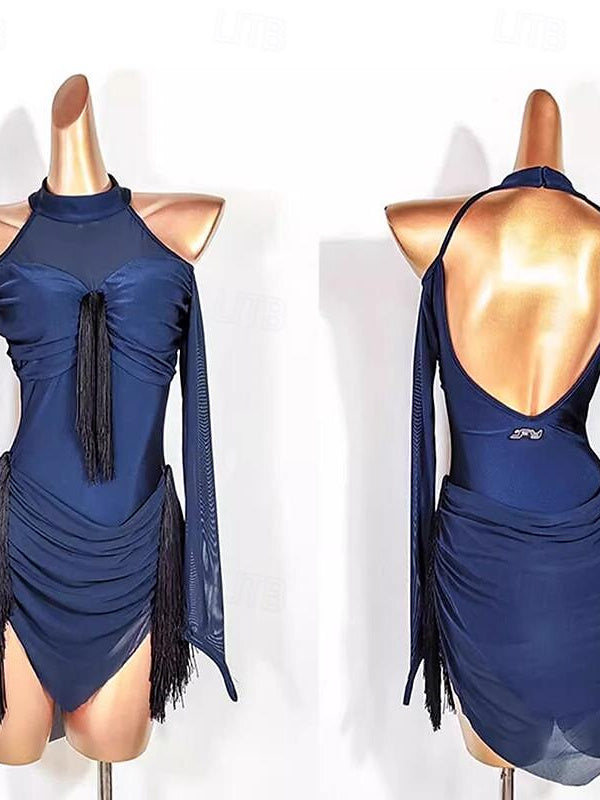 Robe de Danse Latine à Manches Longues pour Femme, Épissure de Pompons, Entraînement de Performance, Maille en Polyester et Élasthanne