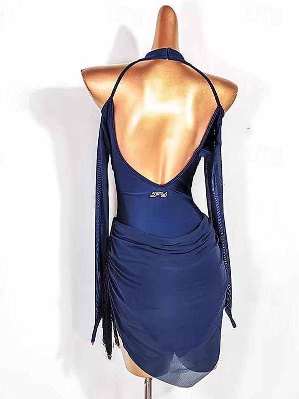 Robe de Danse Latine à Manches Longues pour Femme, Épissure de Pompons, Entraînement de Performance, Maille en Polyester et Élasthanne