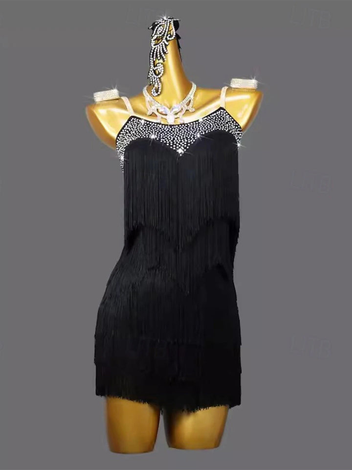 Robe de Danse Latine avec Pompons en Cristal/Strass pour Femme, Tenue D'Entraînement Sans Manches en Élasthanne
