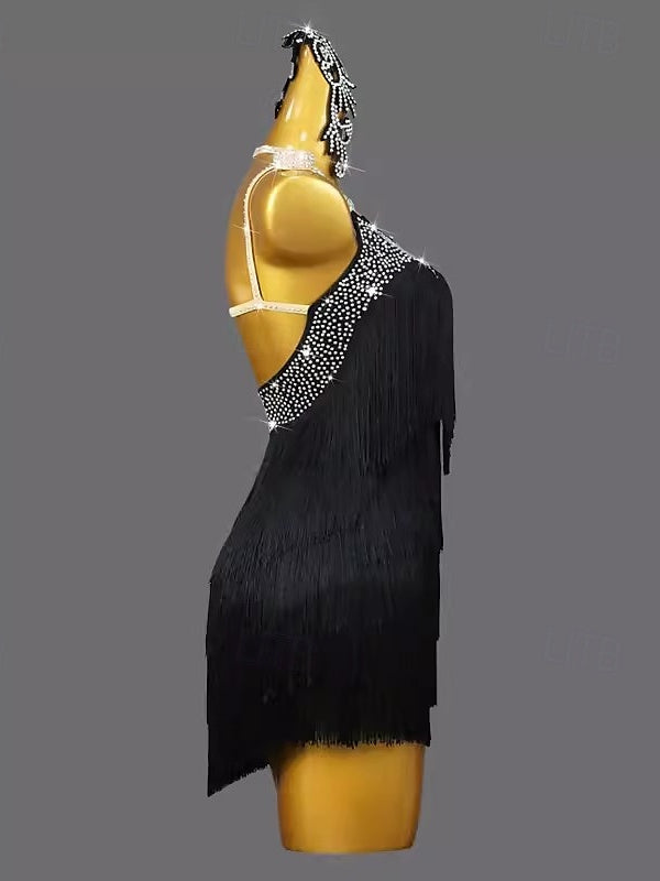 Robe de Danse Latine avec Pompons en Cristal/Strass pour Femme, Tenue D'Entraînement Sans Manches en Élasthanne
