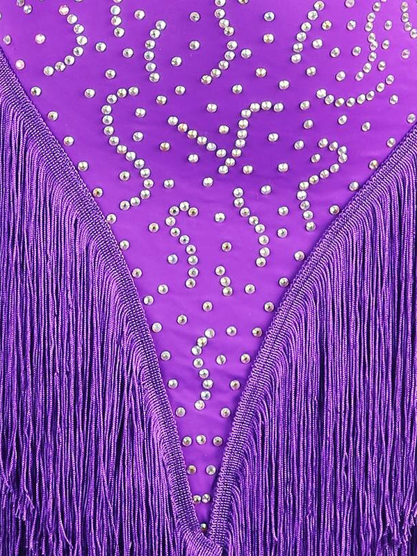 Robe de Danse Latine à Manches Longues en Élasthanne avec Cristaux/Strass pour Femme