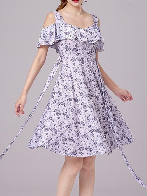 Robe de Danse Latine Salsa Cinch Cord Performance pour Femmes à Manches Courtes en Coton Cristal et Soie Glacée