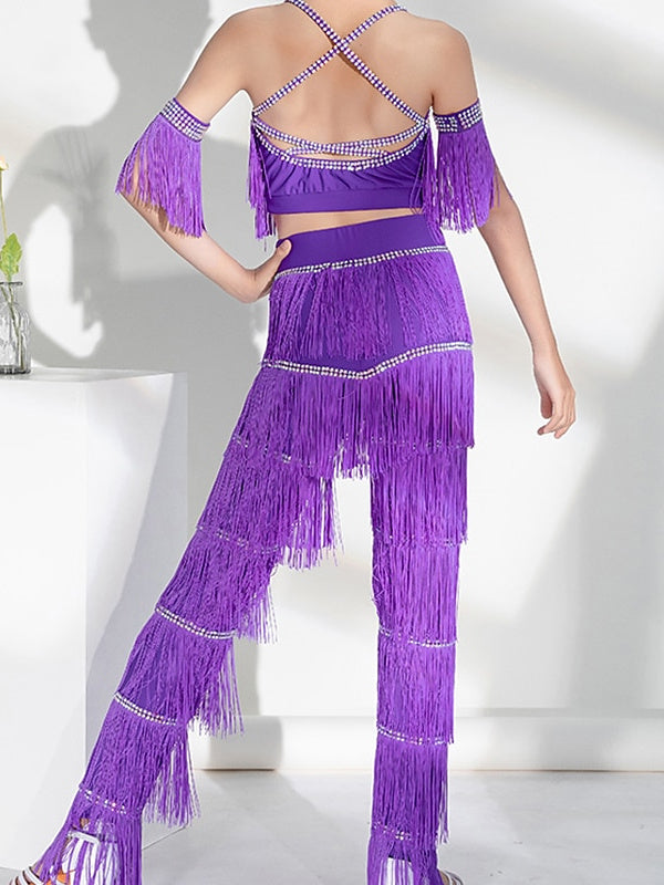 Vêtements de Danse Latine pour Enfants, Haut de Danse Latine Salsa à Pompons, Tenue de Performance Quotidienne pour Filles, Sans Manches, Haut en Élasthanne