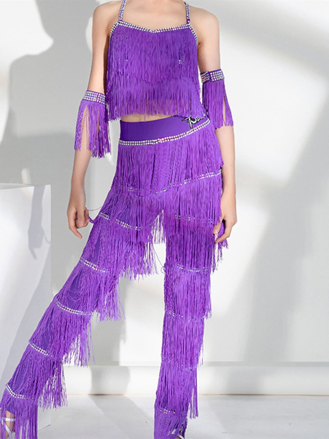 Vêtements de Danse Latine pour Enfants, Haut de Danse Latine Salsa à Pompons, Tenue de Performance Quotidienne pour Filles, Sans Manches, Haut en Élasthanne