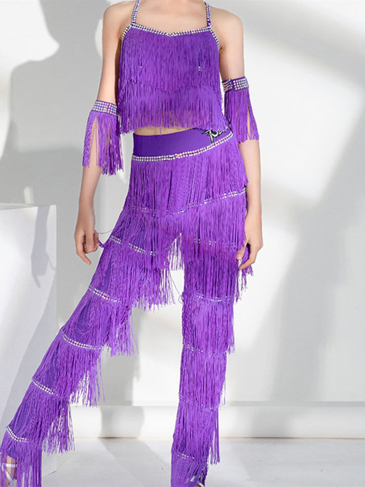 Vêtements de Danse Latine pour Enfants, Haut de Danse Latine Salsa à Pompons, Tenue de Performance Quotidienne pour Filles, Sans Manches, Haut en Élasthanne