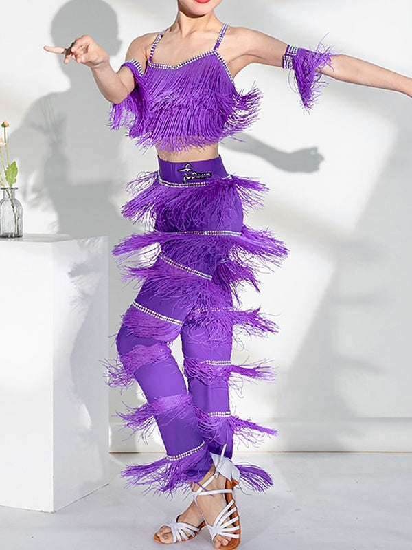 Vêtements de Danse Latine pour Enfants, Haut de Danse Latine Salsa à Pompons, Tenue de Performance Quotidienne pour Filles, Sans Manches, Haut en Élasthanne