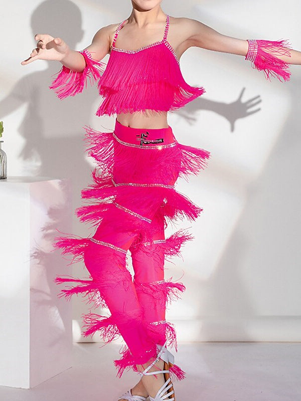 Vêtements de Danse Latine pour Enfants, Haut de Danse Latine Salsa à Pompons, Tenue de Performance Quotidienne pour Filles, Sans Manches, Haut en Élasthanne