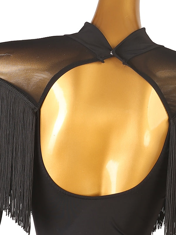 Robe De Danse Latine À Franges Et Pompons Pour Femme, Tenue D'Entraînement, Manches Longues, Maille Chinlon