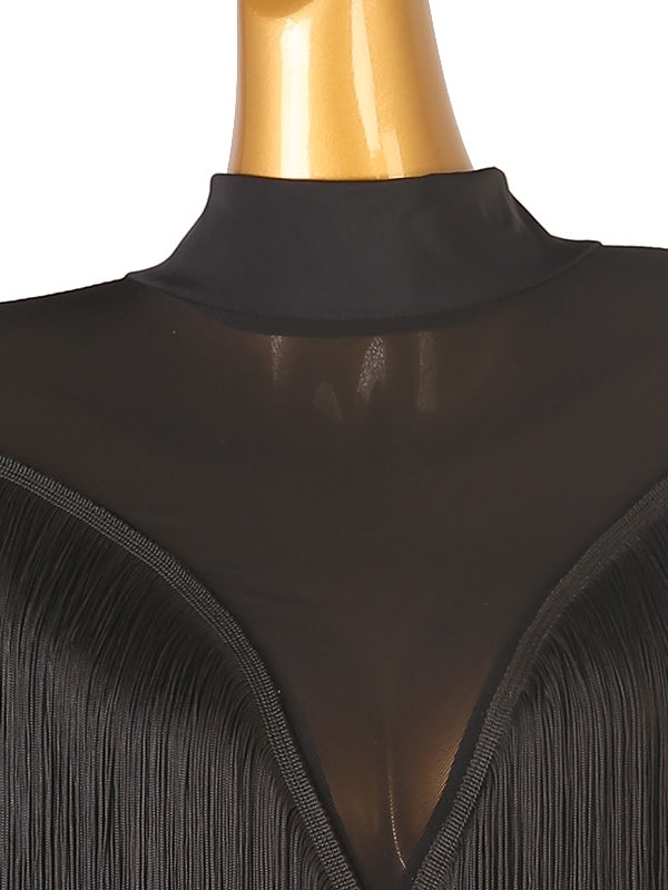 Robe De Danse Latine À Franges Et Pompons Pour Femme, Tenue D'Entraînement, Manches Longues, Maille Chinlon