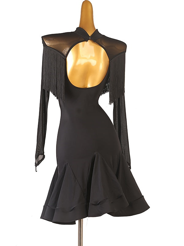 Robe De Danse Latine À Franges Et Pompons Pour Femme, Tenue D'Entraînement, Manches Longues, Maille Chinlon