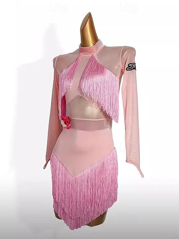 Robe de Danse Latine à Pompons, Couleur Pure, Épissure, Entraînement de Performance pour Femmes, Manches Longues, Maille, Velours, Fibre de Lait