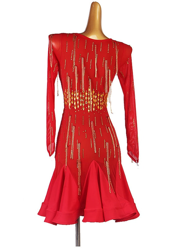 Robe de Danse Latine à Paillettes et Cristaux pour Femmes, Manches Longues, Maille Chinlon