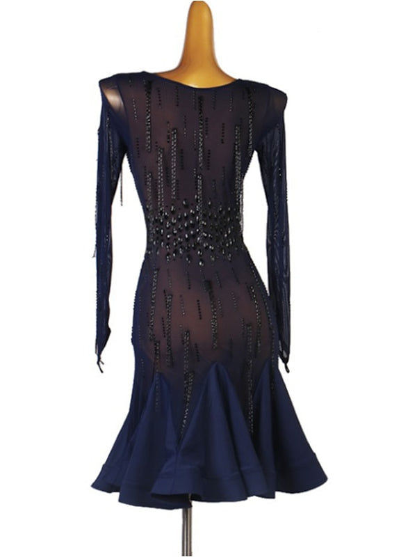 Robe de Danse Latine à Paillettes et Cristaux pour Femmes, Manches Longues, Maille Chinlon