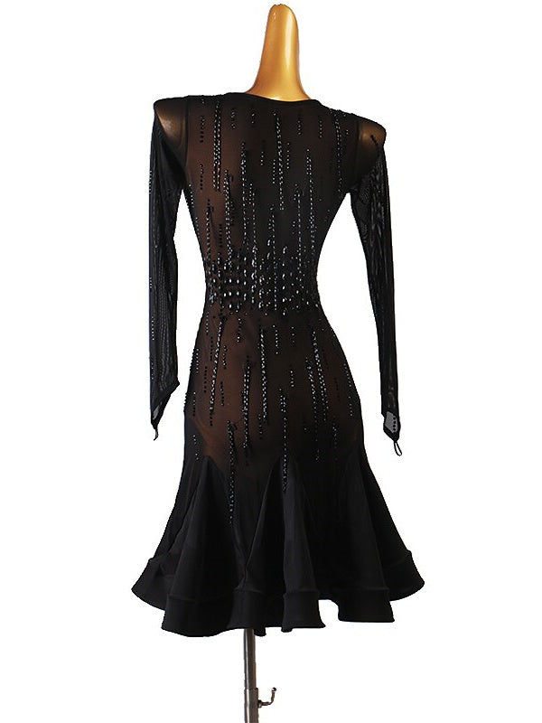 Robe de Danse Latine à Paillettes et Cristaux pour Femmes, Manches Longues, Maille Chinlon