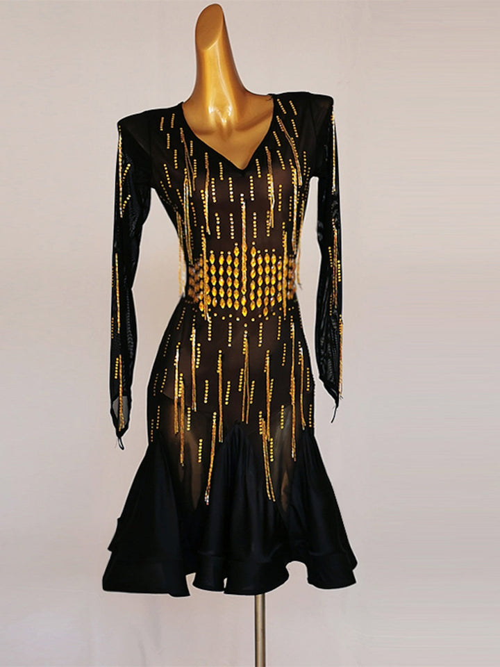 Robe de Danse Latine à Paillettes et Cristaux pour Femmes, Manches Longues, Maille Chinlon