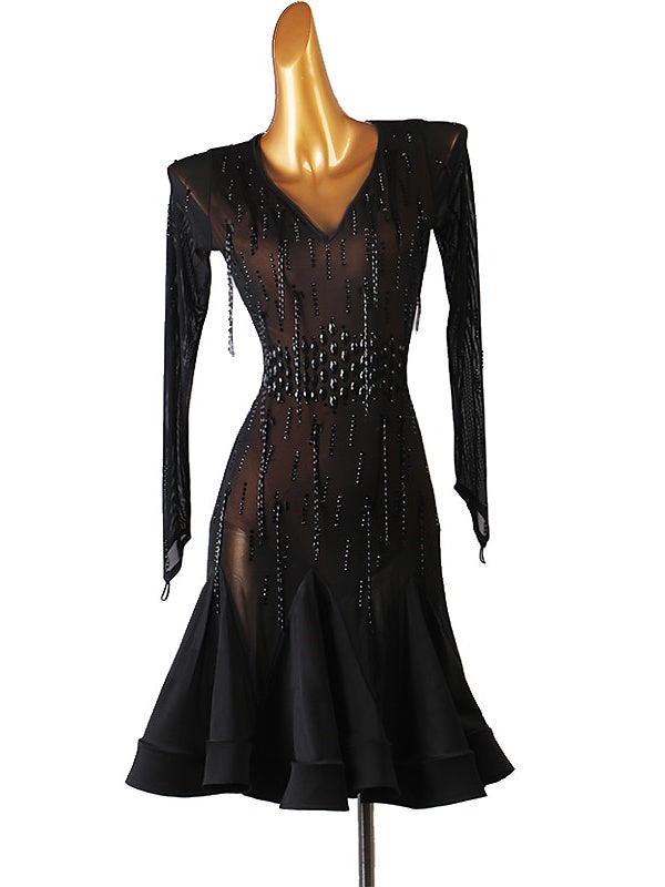 Robe de Danse Latine à Paillettes et Cristaux pour Femmes, Manches Longues, Maille Chinlon