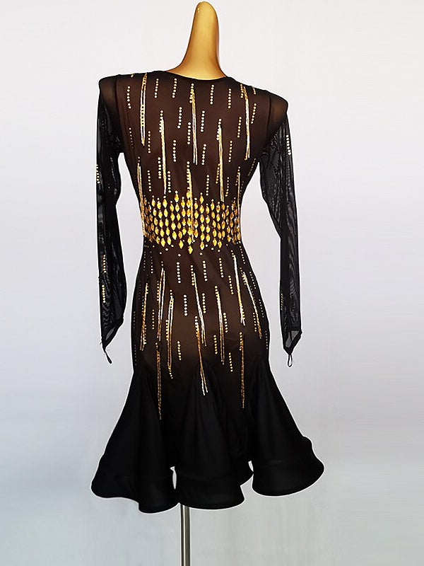 Robe de Danse Latine à Paillettes et Cristaux pour Femmes, Manches Longues, Maille Chinlon