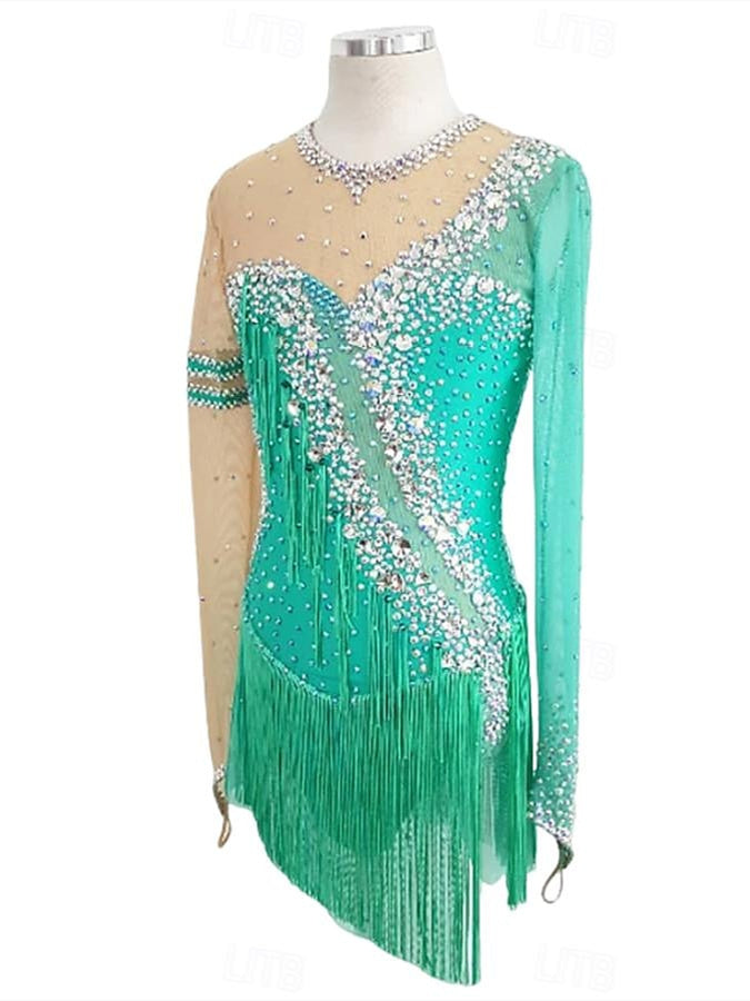 Robe de Danse Latine à Pampilles et Cristaux/Strass pour Femmes et Filles, Tenue D'Entraînement de Performance à Manches Longues en Fil Extensible Lycra