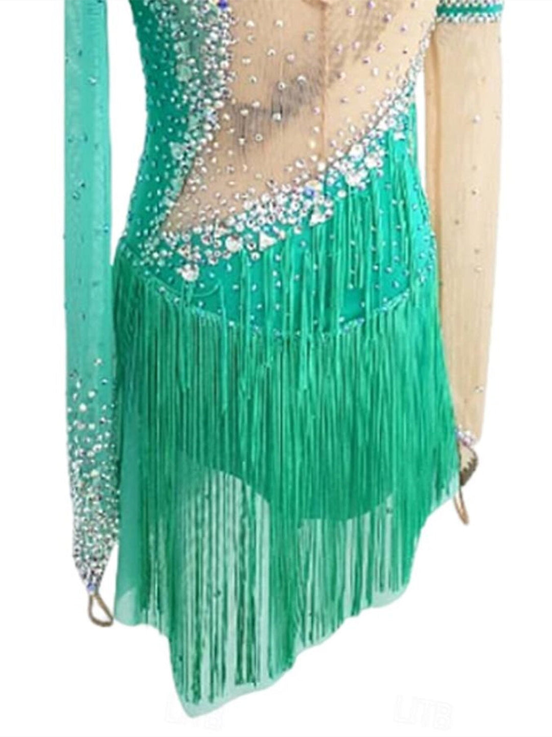 Robe de Danse Latine à Pampilles et Cristaux/Strass pour Femmes et Filles, Tenue D'Entraînement de Performance à Manches Longues en Fil Extensible Lycra