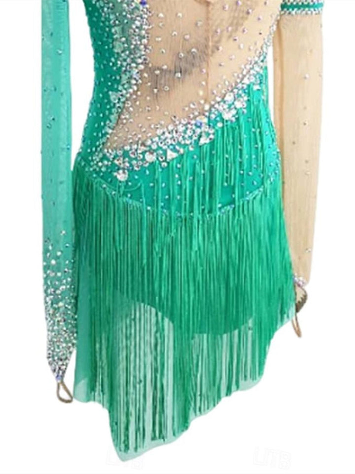 Robe de Danse Latine à Pampilles et Cristaux/Strass pour Femmes et Filles, Tenue D'Entraînement de Performance à Manches Longues en Fil Extensible Lycra