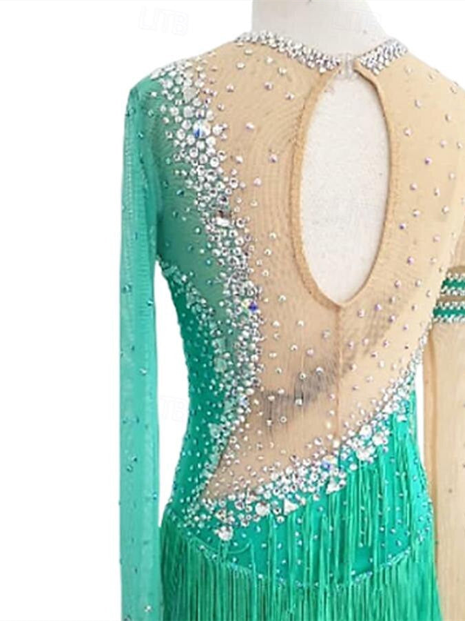 Robe de Danse Latine à Pampilles et Cristaux/Strass pour Femmes et Filles, Tenue D'Entraînement de Performance à Manches Longues en Fil Extensible Lycra