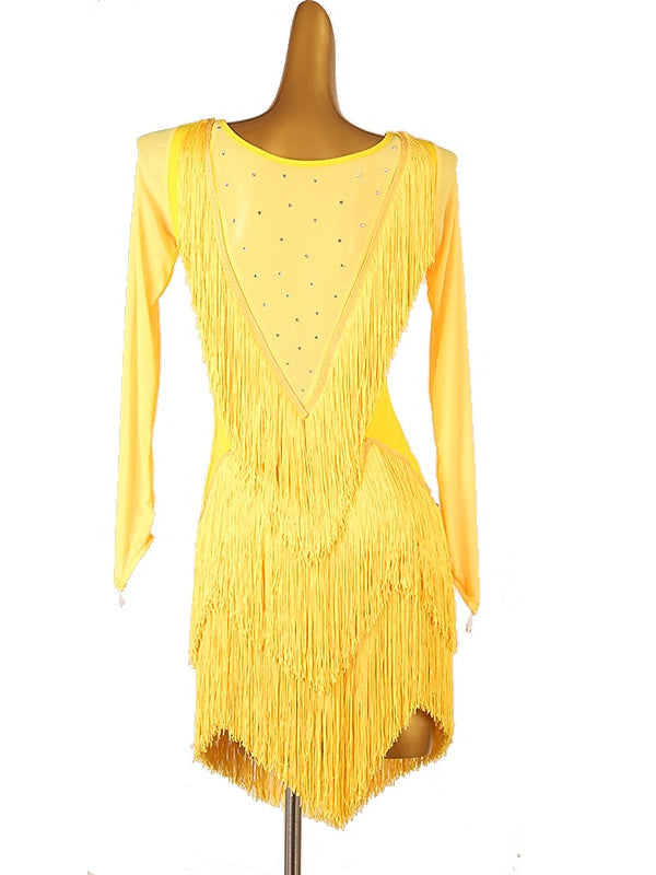 Danse Latine à Pampilles avec Cristaux/Strass pour Femmes, Tenue de Spectacle Quotidienne, Manches Longues, Élasthanne