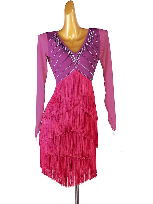 Danse Latine à Pampilles avec Cristaux/Strass pour Femmes, Tenue de Spectacle Quotidienne, Manches Longues, Élasthanne