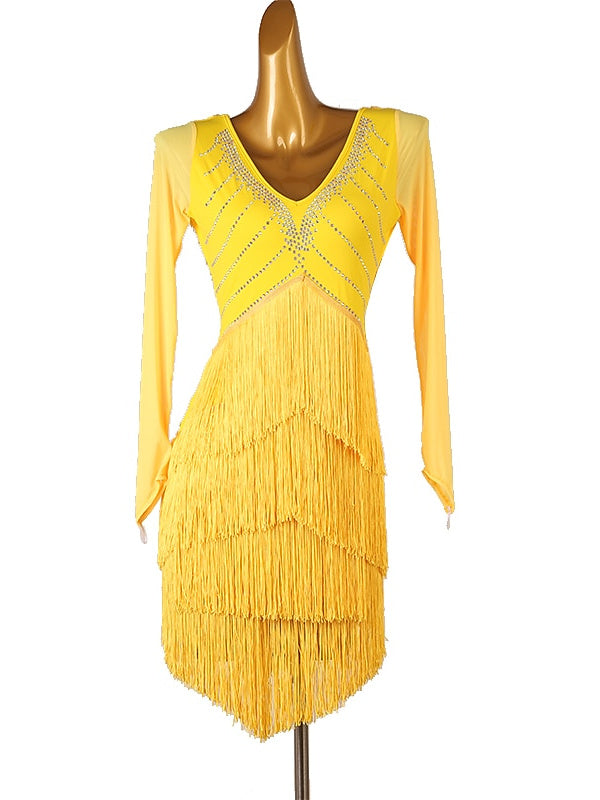 Danse Latine à Pampilles avec Cristaux/Strass pour Femmes, Tenue de Spectacle Quotidienne, Manches Longues, Élasthanne