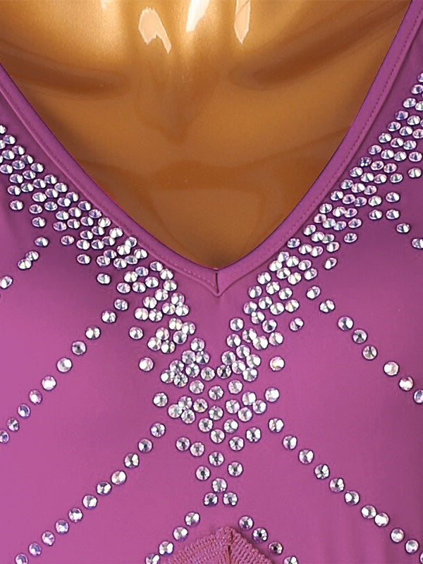 Danse Latine à Pampilles avec Cristaux/Strass pour Femmes, Tenue de Spectacle Quotidienne, Manches Longues, Élasthanne