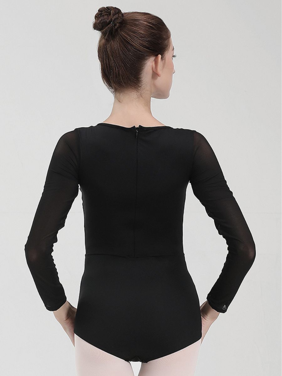 Justaucorps D'Entraînement de Danse de Base Noir à Manches Longues et Col Rond pour Ballet