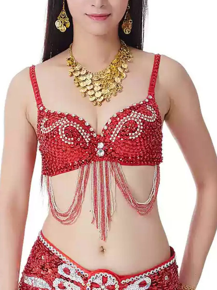 Soutien-Gorge Sexy en Strass Scintillant avec Pompon en Perles pour Danse Du Ventre