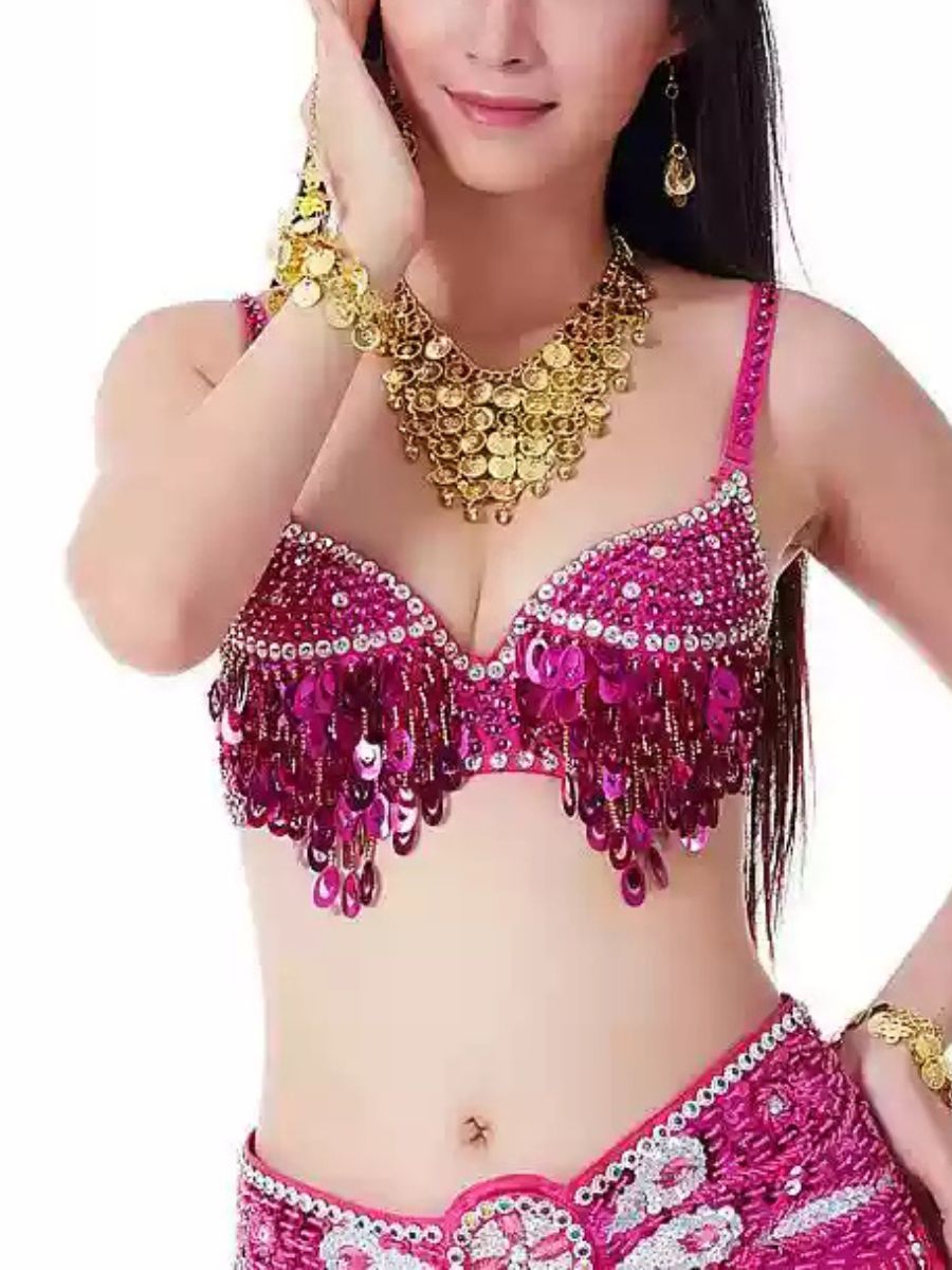 Soutien-Gorge Spaghetti Sans Manches à Paillettes et Strass pour Danse Du Ventre
