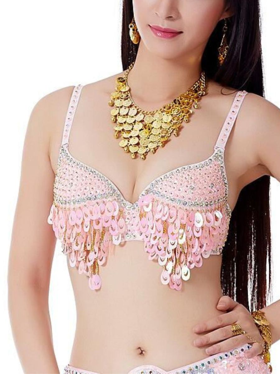 Soutien-Gorge Spaghetti Sans Manches à Paillettes et Strass pour Danse Du Ventre