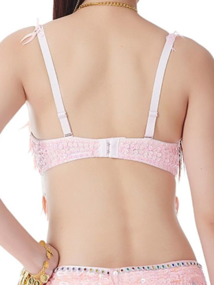 Soutien-Gorge Sans Manches à Pompons et Paillettes pour Danse Du Ventre