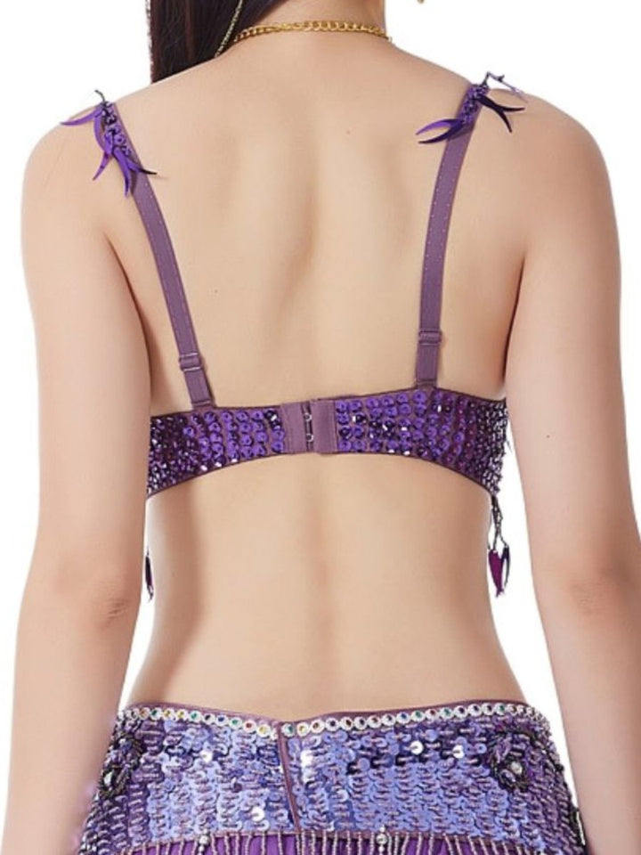 Soutien-Gorge Sans Manches à Pompons et Paillettes pour Danse Du Ventre