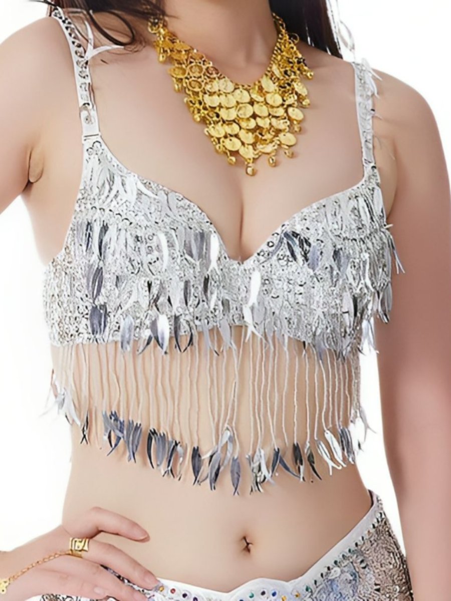 Soutien-Gorge Sans Manches à Pompons et Paillettes pour Danse Du Ventre