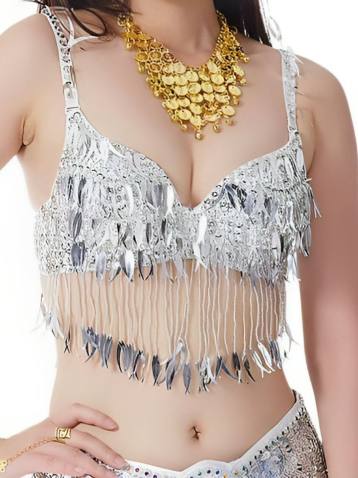 Soutien-Gorge Sans Manches à Pompons et Paillettes pour Danse Du Ventre