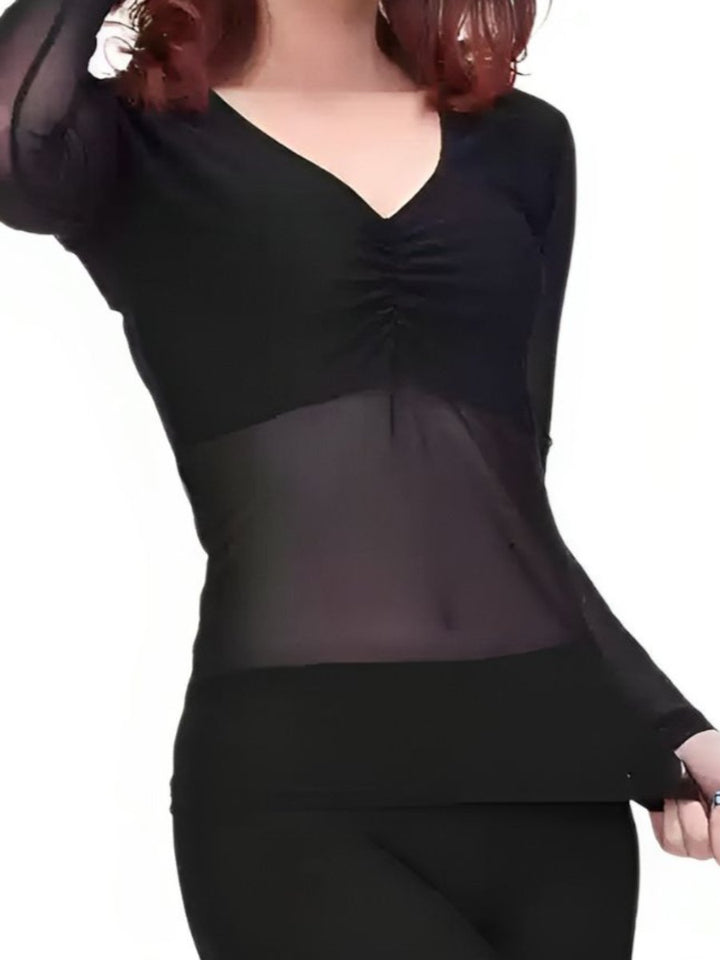 Costume de Danse Du Ventre à Col en V et Manches Longues Froncées avec Haut Long