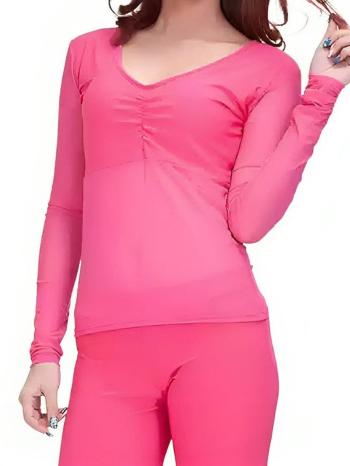 Costume de Danse Du Ventre à Col en V et Manches Longues Froncées avec Haut Long