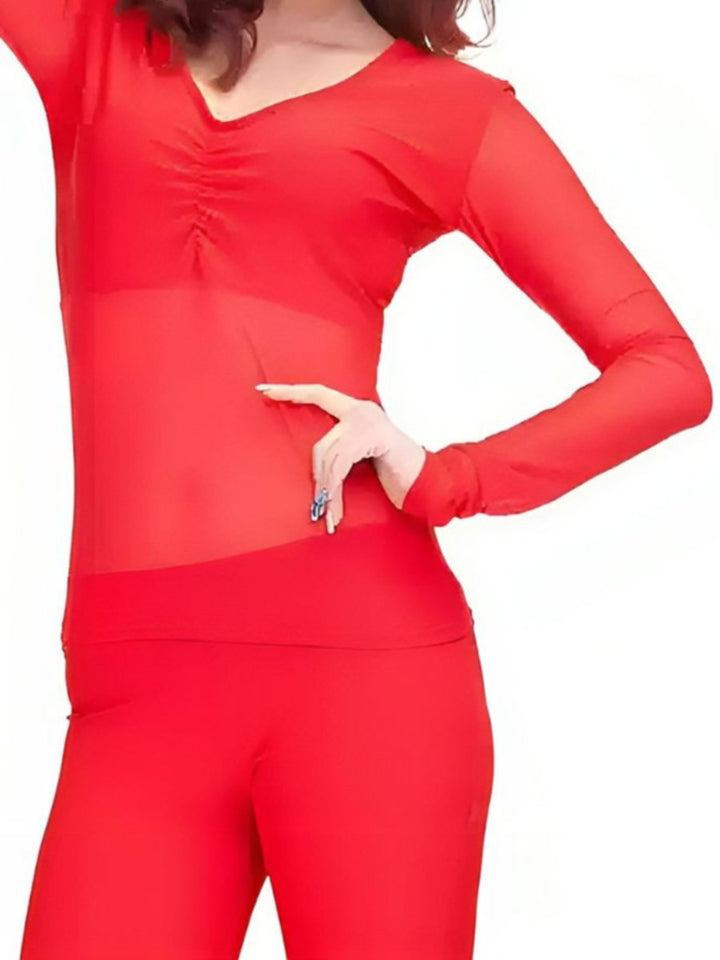 Costume de Danse Du Ventre à Col en V et Manches Longues Froncées avec Haut Long