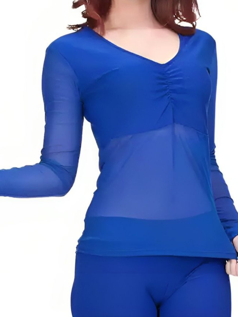 Costume de Danse Du Ventre à Col en V et Manches Longues Froncées avec Haut Long