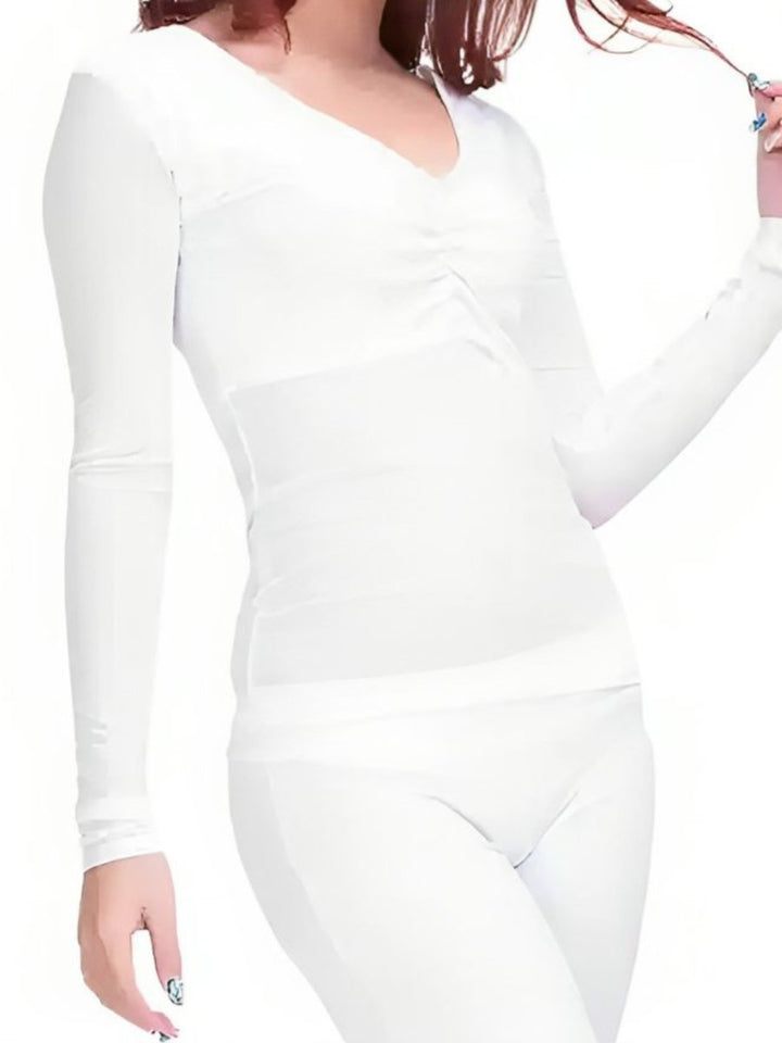 Costume de Danse Du Ventre à Col en V et Manches Longues Froncées avec Haut Long