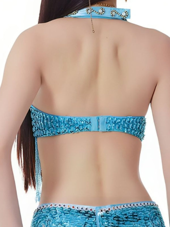 Soutien-Gorge de Danse Du Ventre Sexy à Paillettes et Pompons Sans Manches avec Strass et Perles