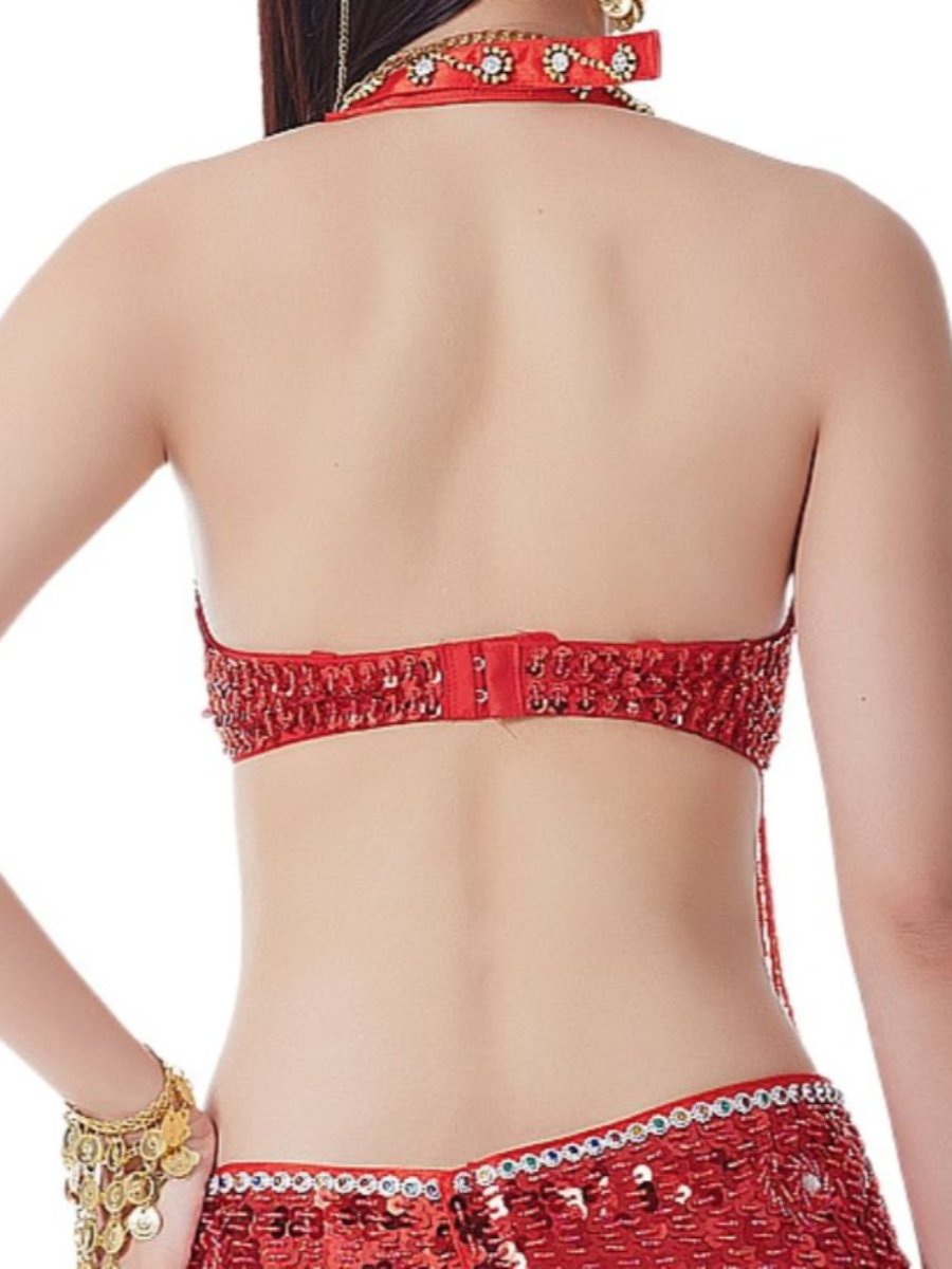 Soutien-Gorge de Danse Du Ventre Sexy à Paillettes et Pompons Sans Manches avec Strass et Perles